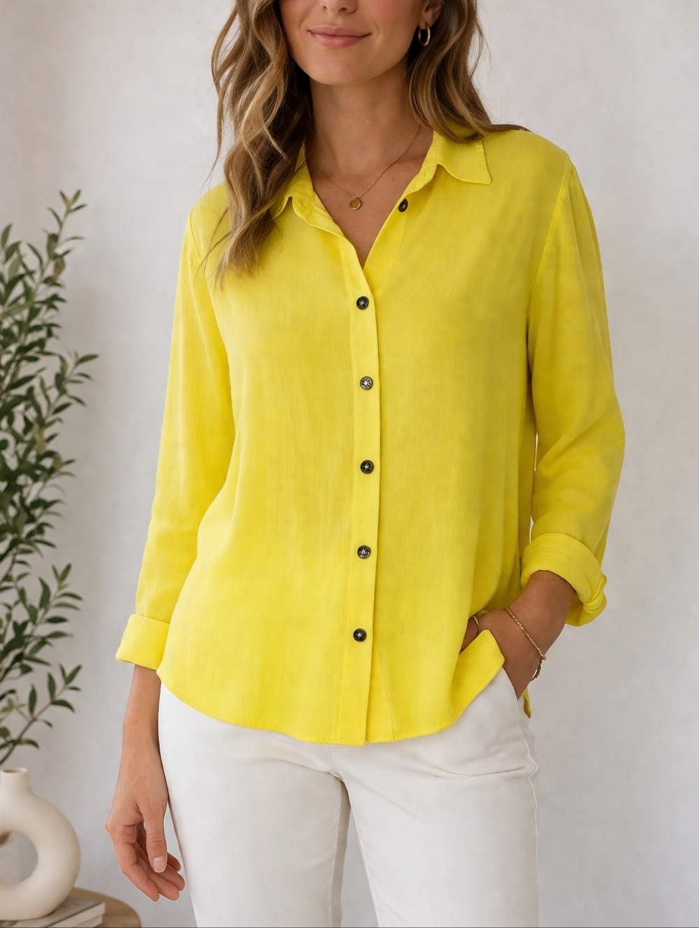 Yellow Viscose Button Down Blouse Size M Lightweight